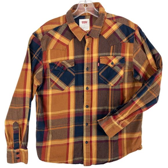 Levi’s Western Plaid Flannel Shirt Men’s L Rust Red Cowboy Yoke Fall Workwear - Picture 1 of 12
